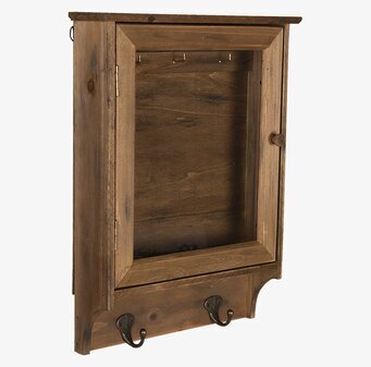 Bild av rustikt nyckelskåp med träfinish och metallkrokar
