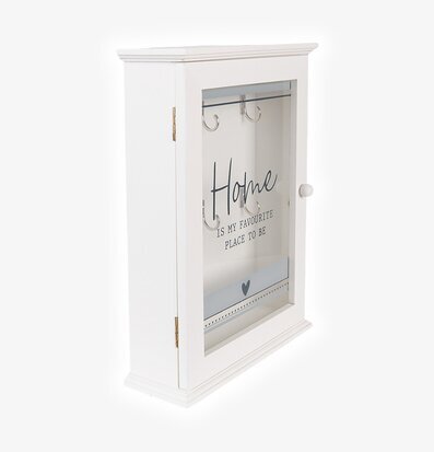 Bild av elegant vitt nyckelskåp med glasdörr och text