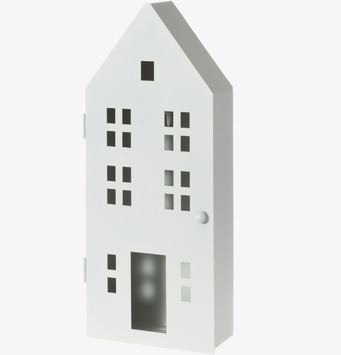 Bild av stilrent vitt nyckelskåp i husform med fönster