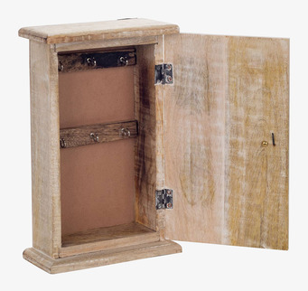 Bild på rektangulärt nyckelskåp i trä med sex krokar