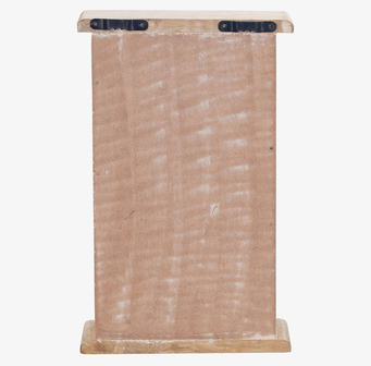 Bild av baksidan på nyckelskåp med trä och svarta fästen