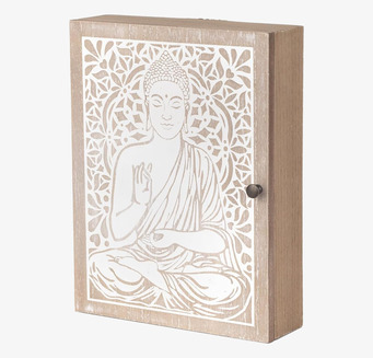 Bild av nyckelskåp med Buddha-motiv i trä för hemförvaring