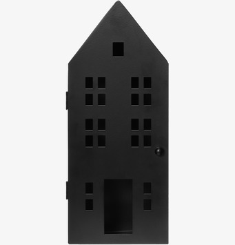 Bild på svart nyckelskåp i metall formad som husfasad