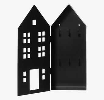 Bild på svart nyckelskåp i metall med husform och sex krokar