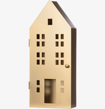 Bild på nyckelskåp i form av hus med matt guldfinish